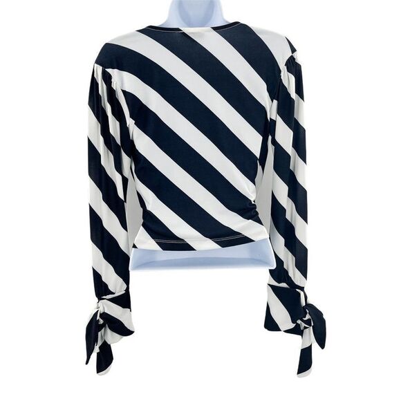 2/$30 TOPSHOP Striped Tie Sleeve V-Neck Wrap Blouse Top Shirt Bell Sleeve Black - Picture 6 of 9